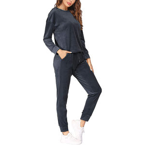 Vêtement de sport en velours pour femmes en gros, ensemble de survêtement en coton 2 pièces, manches longues, tenue de sport, survêtement en velours pour filles - Product Image 3