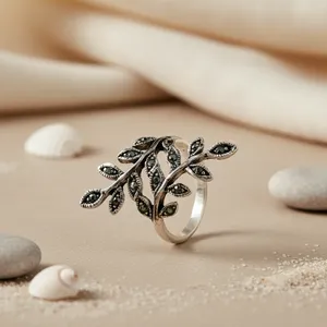 "Rectangle Rhodium-Plated 925 Silver Leaf <b>Ring</b> with <b>Turquoise</b> Gemstones for Women's Fine Jewelry Gift" - Product Image 1