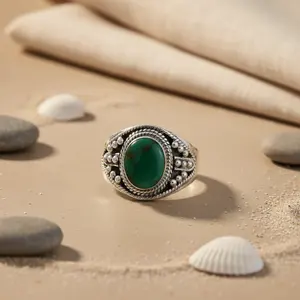 Bague en argent 925 pour femme avec turquoise en grappe, pureté du métal 14 carats, plaqué rhodium, bijoux en pierres précieuses avec incrustation d'opale - Product Image 2