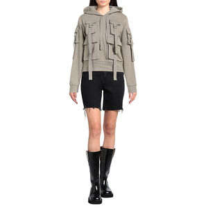 High Quality Crop Top Rib Hem Adjustable Belt <b>Long</b> Sleeve Sweatshirt Fleece Multi Cargo Pocket <b>Long</b> Sleeve Vintage <b>Women</b> <b>Hoodie</b> - Product Image 1