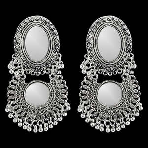 Jeweljunk Vintage Bohemia <b>Silver</b> Plated Afghani Mirror <b>Earrings</b> Ethnical Alloy with <b>Pearl</b> Diamond for Party Wedding Gift-1311567 - Product Image 1