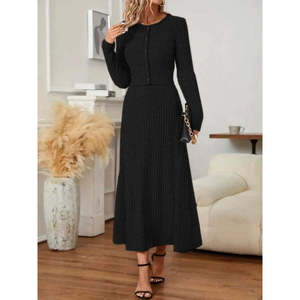 Women'<b>s</b> Long-Sleeve Button-Front <b>Blouse</b> <b>and</b> High-Waisted A-Line Long Skirt with Brushed Fabric, Two-Piece Set, 29766 - Black - Product Image 3