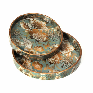 Ensemble de plateaux de service en bois enduit d'émail rond fait à la main Ensemble de plateaux de cuisine en résine de luxe et MDF avec oiseaux décoratifs en or blanc - Product Image 3