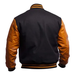 Veste varsity noire pour homme avec manches en cuir marron, boutons sur le devant, col montant, vêtement décontracté d'automne, coupe classique - Product Image 2