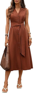 Vestido Midi elegante sin mangas con cuello en V para mujer, con botones en la cintura y con cinturón, diseño de línea A, perfecto para oficina o ropa informal - Product Image 6