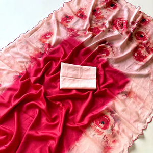 Nuevo lanzamiento: Saree Bareli Premium de Chinon Suave con Elegante Estampado Floral y Borde de Diseño con Corte Arco en Contraste, Incluye Blusa - Product Image 1