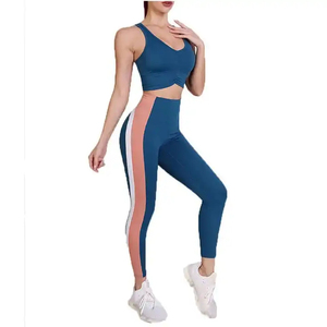 Women 2 Piece Yoga Set High Waist Leggings With Side Stripe V Neck <b>Crop</b> <b>Top</b> Seamless Stretch Sports Wear - Product Image 1