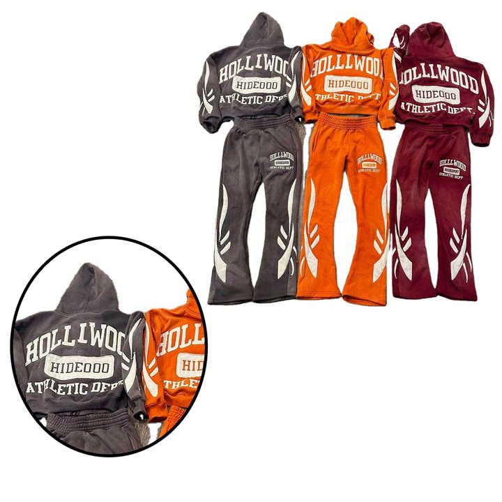 Custom Distressed Sweatuit Set Sun Faded Acid Wash Flared Tracksuit with Embroidery Applique Hoodie Sweat Pant for Winter