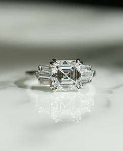 9mm Asscher Cut Moissanite Engagement <b>Ring</b> with Tapered Baguette Side Stones | White Gold Silver Wedding Jewelry - Product Image 1