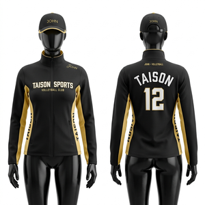 Veste d'entraînement de volley-ball pour femmes en polyester et élasthanne premium 280 GSM, noire avec empiècements latéraux contrastés or, broderie par sublimation personnalisée - Product Image 1