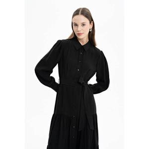 A-Line Black <b>Chiffon</b> <b>Dress</b> with Belt - Product Image 5