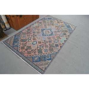 Alfombra Turca Vintage, Alfombra de 3.8x6.3 pies, Alfombra a Rayas Azul y Rosa - Product Image 2