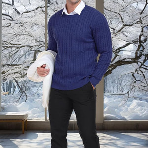 Nuevos Suéteres de Punto Trenzado para Hombre, 100% Lana, Transpirables, Suéter de Invierno Holgado con Cuello Redondo y Manga Larga, Suéteres de Punto Personalizados para Hombre - Product Image 5
