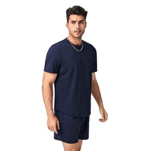 Men's Navy Cotton T-Shirt and Shorts Set Crew Neck Solid Color Casual Summer Wear Breathable Knitted Fabric - Product Image 4
