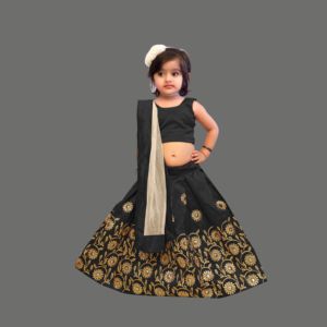 Ensemble Lehenga Choli Shoryam Fashion pour filles, noir, avec broderie florale dorée, dupatta en filet, tenue ethnique pour enfants, tenue de fête - Product Image 1