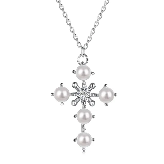 Silver fashion circonia cross shape fresh water pearl necklace