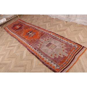 Vintage 2.9x10.4 ft Rug, <b>Runner</b> Turkish Rug, <b>Red</b> Brown Bordered Rug - Product Image 3