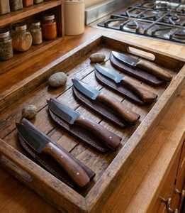 Ensemble de couteaux de cuisine personnalisés faits à la main, 5 lames fixes en acier inoxydable, manche en bois, ambidextre, léger, multifonctionnel, en cuir - Product Image 1