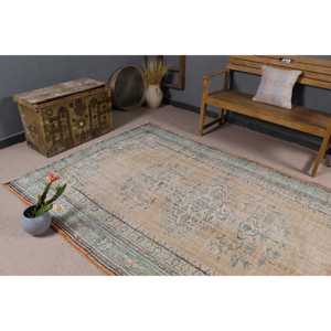 Alfombra Vintage de 5.7x8.6 pies, Alfombra Turca Grande, Alfombra de Lana Azul Marrón Estilo Suroeste - Product Image 5