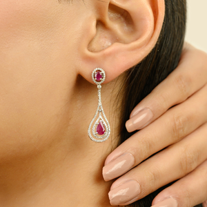 Boucles d'oreilles pendantes en forme de larme en rubis et diamants véritable de haute qualité pour femmes, bijoux de mariage, or blanc véritable K18 - Product Image 4