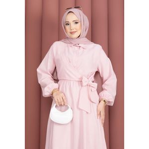 Abito Hijab a Righe Rosa con Laccetti Laterali e Vita Naturale - Product Image 2
