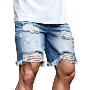 Young Men's Summer <b>Fashion</b> Trend Blue Straight men's shorts with Hollowed-out Hole Heavy Beard Foot & Mouth Loose Edge Mid Waist - Product Image 1