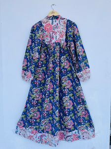 Boho indien 100% coton Maxi robes pour femmes 3/4 manches imprimé fleuri plage soirée porter naturel tour de taille bouton - Product Image 3