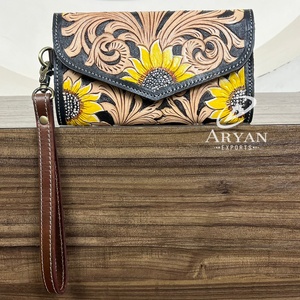 Pochette pour dames Sac à main en cuir de vache repoussé Tournesol Designer Pochette polyvalente en cuir véritable Portefeuille pour femmes - Product Image 1