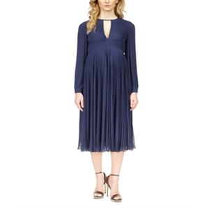 Abito Michael Kors in chiffon plissettato blu, lunghezza midi, con vita impero e silhouette a trapezio - Product Image 1