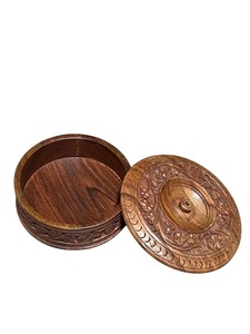 Boîte de rangement ronde en bois gravée à la main de luxe avec couvercle à prix abordable - Product Image 2