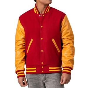 Veste de baseball vintage unisexe, corps en laine rouge, manches en simili cuir, veste bomber style Letterman, uniforme d'équipe scolaire, patchwork sur le devant - Product Image 1