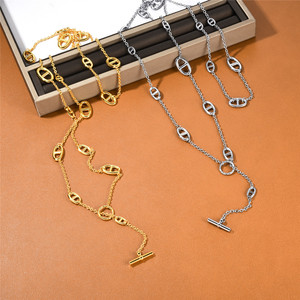 Collier en acier inoxydable plaqué or 18 carats avec maillons en forme de nez de cochon, fermoir OT, chaîne de pull à pampilles pour <span class=keywords><strong>femme</strong></span>, bijoux inaltérables - Product Image 4