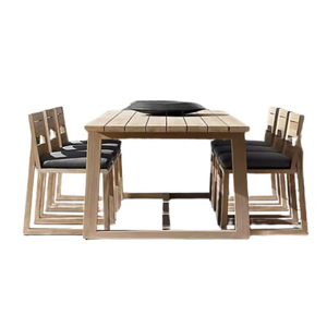 Ensemble de table à manger en teck massif de qualité supérieure, design moderne, pour usage en restaurant, avec chaises à coussins en tissu, prix de gros - Product Image 2