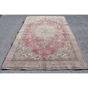 Tapis turc vintage classique rouge beige 6.6x9,3 pieds, support abstrait en laine latex pour adolescent, rectangle, design couloir - Product Image 1