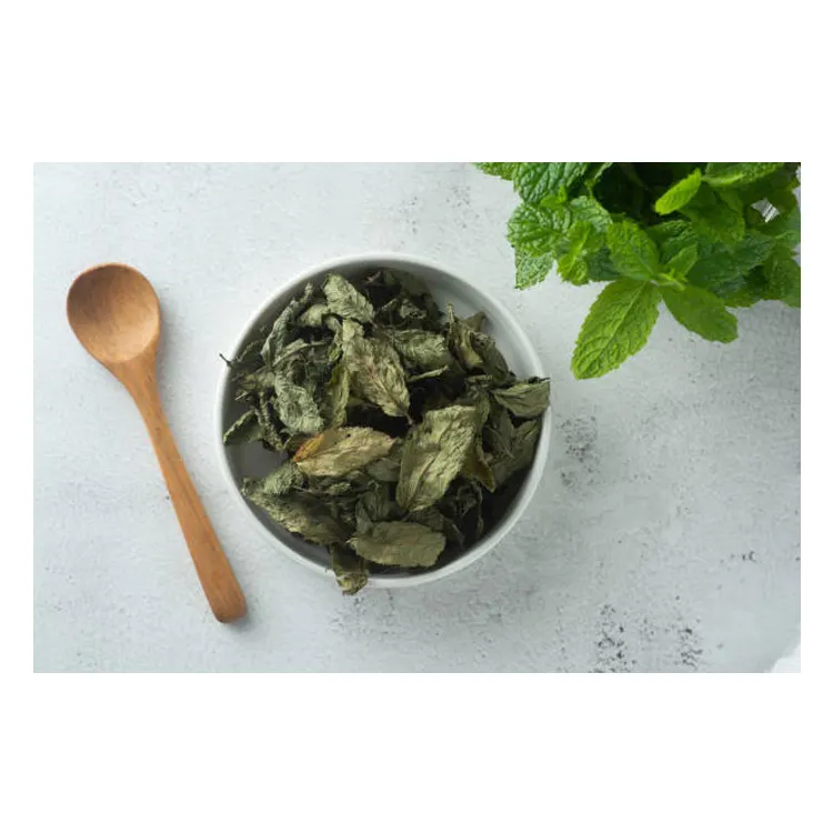 Especias y hierbas, alimentos, hojas secas de menta, escamas de menta triturada deshidratada y extracto de menta en polvo