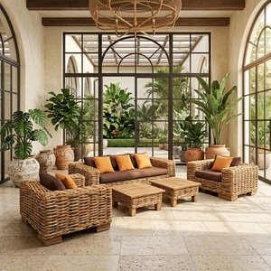 Nuevo Conjunto de Sofás de Ratán Minimalista Moderno para Sala de Estar, Muebles de Lujo para Patio y Jardín, Asientos de Mimbre Grueso con Cojines Naranjas - Product Image 2