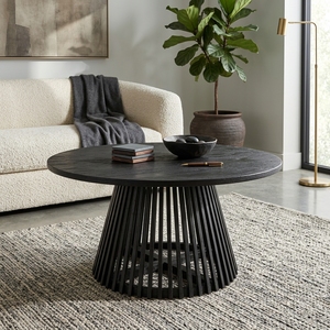 Modern Black Wood <b>Round</b> Coffee <b>Table</b> Slatted Tapered Cage Base Wooden Center Side <b>Table</b> <b>Patio</b> Living Room Setup Art Design - Product Image 4