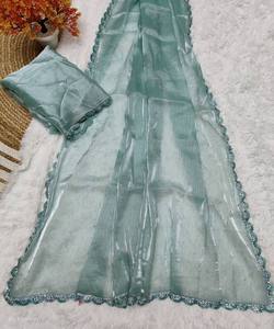 Sari Moderno GMY de Seda con Bordado de Encaje Hecho a Mano y Blusa Sin Coser, para Fiestas, Bodas y Eventos Festivos, Color Cielo - Product Image 5