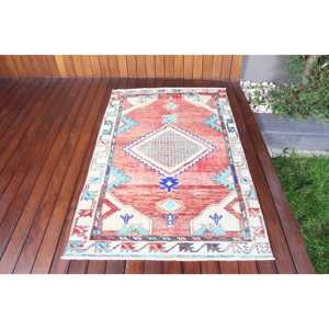 Turkish Vintage Accent Rug 3.5x5.6 ft, <b>Red</b> Southwestern Rug <b>Wool</b> - Product Image 1