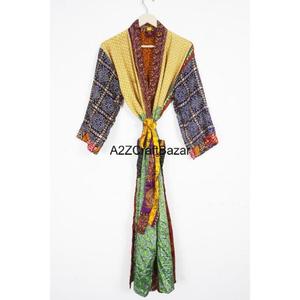 <b>Women's</b> 100% Pure Silk Patchwork Casual Kimono <b>Robe</b> Summer Autumn Breathable Long Full Length Drawstring Closure Indian Sari - Product Image 6