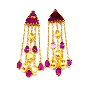 Boucles d'oreilles traditionnelles en argent Sterling 925 plaqué or, Tourmaline rose, pierres précieuses de mariage pour dames, chaîne pendante - Product Image 2