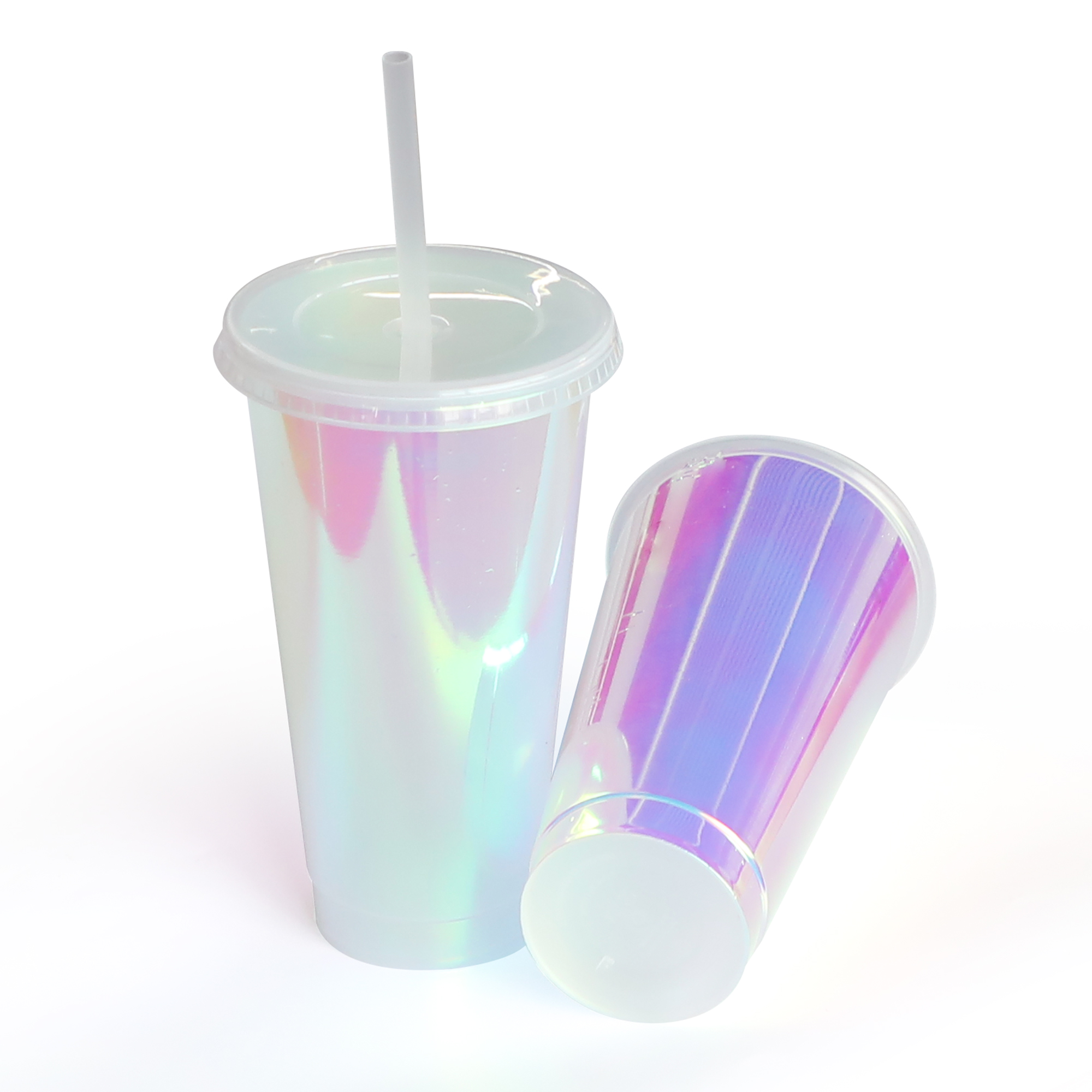 Toptan holografik hologram kupası yeniden kullanılabilir 24oz plastik bardak soğuk bardak kapakları ve saman ile