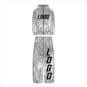 Men's Winter Sweatsuit Distressed & Stones Jogger Sun Faded Acid Wash Breathable Fabric Zip Up Oversized Tracksuit - Product Image 2