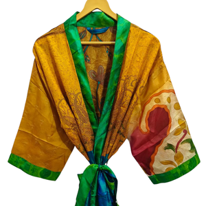 Colorful Bathrobe Soft <b>Kimono</b> Night Wear <b>Long</b> <b>Robe</b>, Handmade Indian Vintage Silk Sari <b>Kimono</b>, - Product Image 1