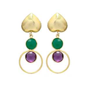 Amethyst and Green Onyx Gemstone Circular Drop <b>Earring</b> With Heart Head, Gemstone <b>Earring</b>, <b>Handmade</b> <b>Earring</b> - Product Image 1