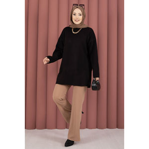 เสื้อคลุมลำลองคอกลมสีดำสำหรับฤดูใบไม้ร่วง แบบหลวมๆ ถักนิตติ้ง ชุดคู่แบบยาวและแบบสั้น  ถักด้วยเทคนิคแจ็คการ์ด - Product Image 3