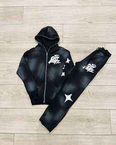 Ensemble survêtement homme 2 pièces Y2K en coton 100% avec sweat à capuche zippé et pantalon de jogging évasé, style streetwear, effet vieilli personnalisé - Product Image 4