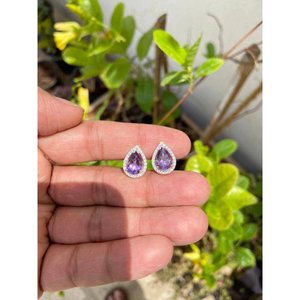 925 Sterling Silver Pear Shaped <b>Amethyst</b> <b>Stud</b> <b>Earrings</b> Water Drop Bezel Setting for Gift - Product Image 3