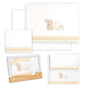 Lot de 3 draps de lit pour bébé 100 % coton, style classique, motif personnages tissés, pour berceau - Modèle Oso Conejito - Product Image 1