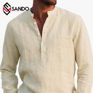 Camisa de manga larga estilo Safari para hombre de alta calidad Anti-Pilling algodón de secado rápido de talla grande con cuello en V teñido con lazo para el verano - Product Image 1